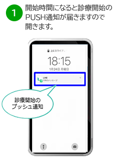 開始時間になると診療時間のPUSH通知が届きますので開きます