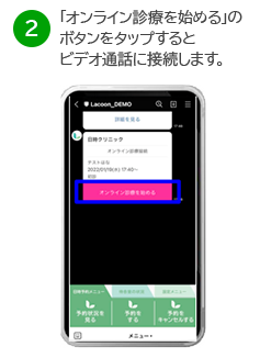 「オンライン診療を始める」のボタンをタップするとビデオ通話に接続します