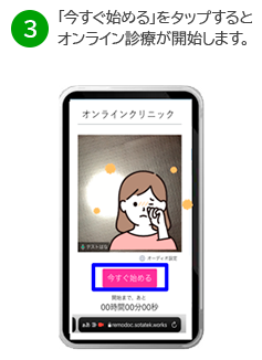 「今すぐ始める」をタップするとオンライン診療が開始します